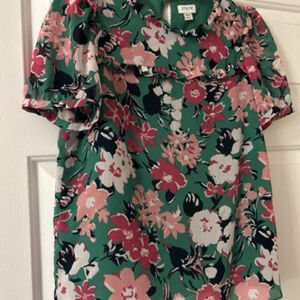 J Crew Ruffle Neck  Blouse Top Women XXS Green And Pink Popover